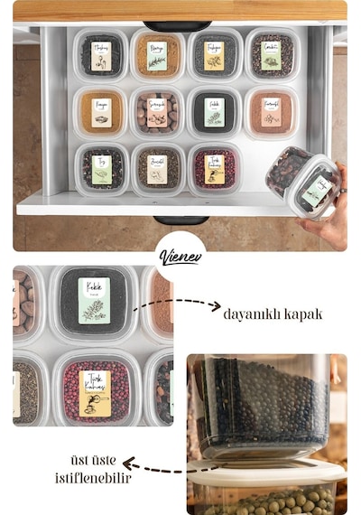 Vienev Peggy Renkli Etiketli Kare Erzak Saklama Kabı Beyaz 9x 0.55 L + 3x 1.75 L 12li Beyaz