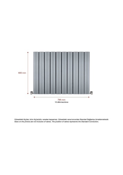 600x795mm Amber Yatay Gümüş Gri Alüminyum Radyatör Standart Bağla