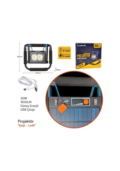 Lambada Projektör Güneş Enerjili Şarjlı C.o.b Ledli 30w 1600l Usb Çıkışlı Br4500202