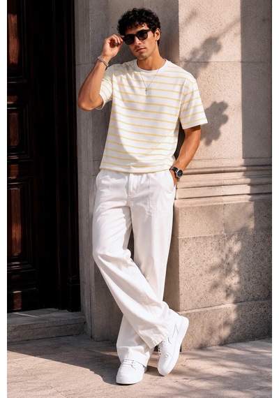 Bbbutikbasic Erkek Oversize Basic Bisiklet Yaka Pamuklu Tişört My3535 Sarı Çizgili
