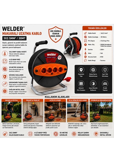 Cca Ct Welder Makaralı Uzatma Kablo - 3x2.5 Mm, 30 Metre Diger