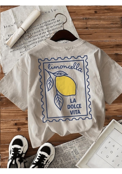 Limoncella "la Dolce Vita" Baskılı Oversize Pamuklu Kadın T-shirt Taş Rengi