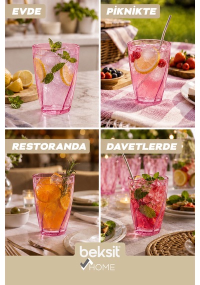 Home Glassy Kırılmaz Polikarbon 6'lı Bardak Pembe 400 Ml Pembe Pembe