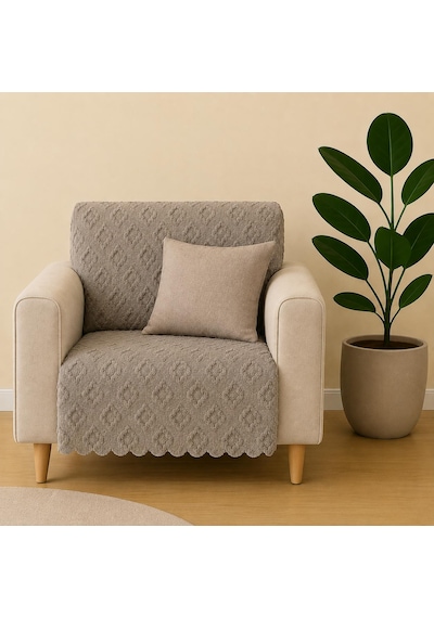 Sycamore Home Tekli Koltuk Örtüsü 110x175 Cm 3 Lü Koltuk Oturma Yeri Örtüsü Şönil Jakarlı Kaymaz Yıkanabilir Koltuk Örtüsü Vizon