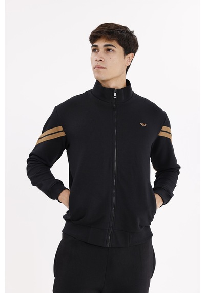 Rowinger Dik Yaka Çift Şerit Kollu Tam Fermuarlı Sweatshirt Black
