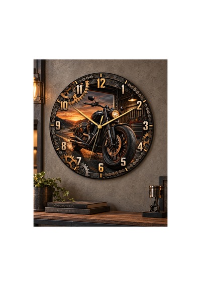 Motor Temalı 45 Cm Ahşap Sessiz Akar Mekanizmalı Uv Baskılı Dekoratif Duvar Saati Hediyelik 1112 Çok Renkli