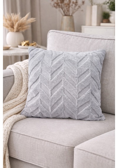 Peluş Dekoratif Kırlent Kılıfı İskandinav Zigzag-balıksırtı 4 Lü Set 42x42 Cm Açık Gri