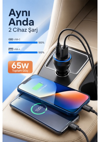 Kensa 65w Çift Portlu Hızlı Araç Şarj Cihazı Usb-c Pd & Usb-a Qc Akıllı Koruma 65w Araç Şarj Cihazı