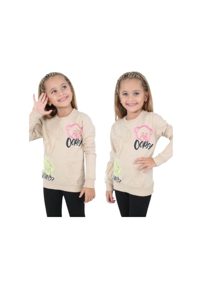 İrem Çocuk Giyim Kız Çocuk Ayıcık Ve Yazı Desenli Bej Renk Şardonlu Sweatshirt Bej