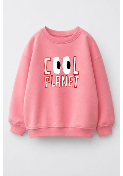 Monila Unisex Çocuk 3 İplik Kumaş Baskılı Pamuklu Sweatshirt Pembe