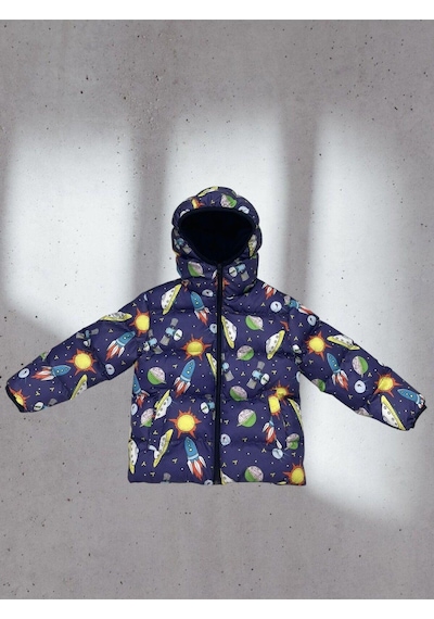 Erkek Çocuk Polarlı Kapüşonlu Ufo Desenli Kışlık Şişme Mont & Kaban & Parka-82 Çok Renkli