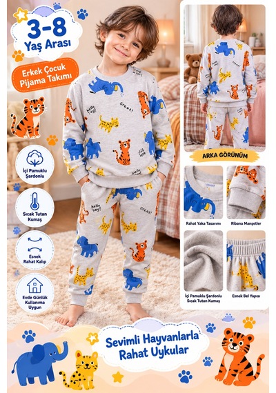 Üç Gül Ticaret Erkek Çocuk 3-8 Yaş Sevimli Hayvan Desenli Pijama Takımı İçi Pamuklu Şardonlu Gri Üç Gül Ticaret Erkek Çocuk 3-8 Yaş Sevimli Hayvan Desenli Pijama Takımı İçi Pamuklu Şardonlu Gri