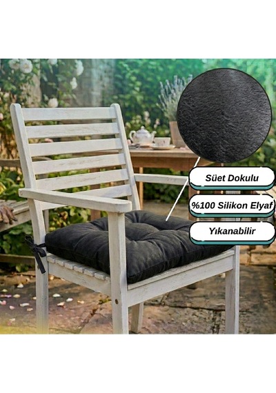 4 Adet - 40x40 Cm Lüks Süet Dokulu Antasit Sandalye Minderi - %100 Silikon Elyaf Dolgulu Yıkanabilir Minder Antrasit - Gri