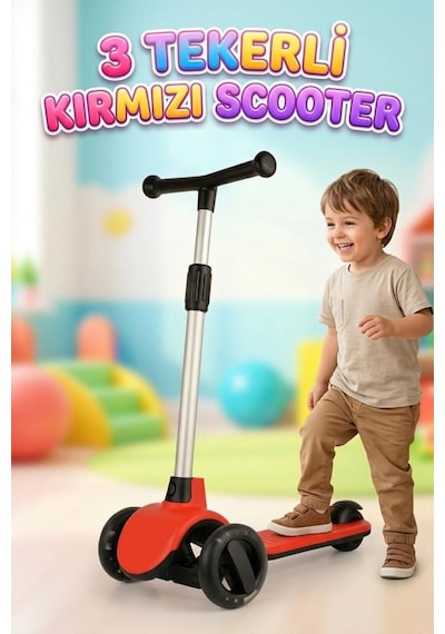 Led Işıklı Silikon 3 Tekerli Katlanabilir Yükseklik Ayarlı 50kg Taşıma Kapasiteli Çocuk Scooter Kırmızı