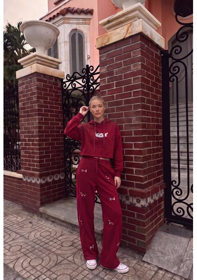 Kadın Bordo W6-35 Sweatshirt Eşofman Pantolon 2'li Nakış Figürlü Tasarım Takım