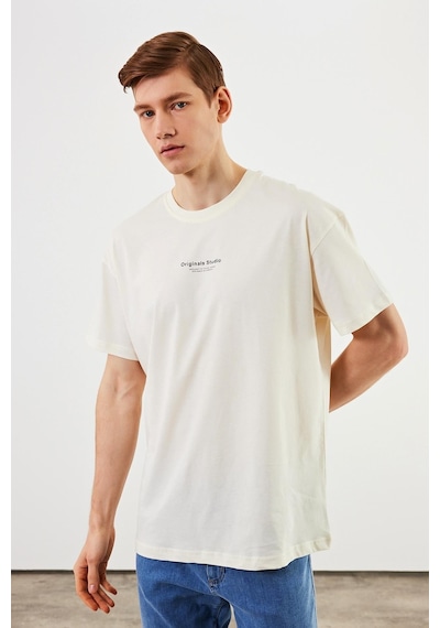 Leo Erkek Oversize Tshirt %100 Pamuk Bisiklet Yaka Baskı Detaylı Basic Tişört Mtlce81 Ekru