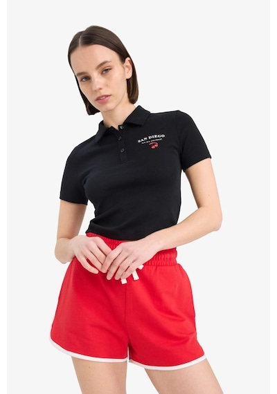 DeFacto Coool Fitted Polo Yaka Baskılı Ribana Kısa Kollu Siyah Tişört D1095AX25SMBK81