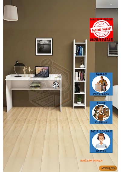 Tamamı Mdf Boy Kitaplıklı 6 Raflı Modern Çalışma Odası Seti