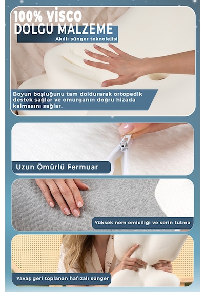 Nova Visco Yastık Ortopedik Boyun Destekli Memory Foam Ergonomik Yastık Gri Viskon Kılıf 62x42 Gri-beyaz