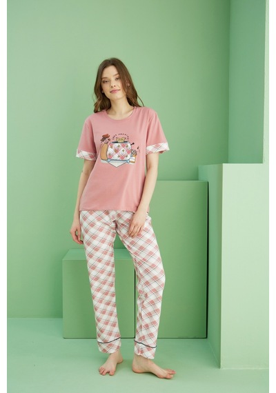 Siyah İnci Bisiklet Yaka Örme Pamuklu Pijama Takım25113216 Somon