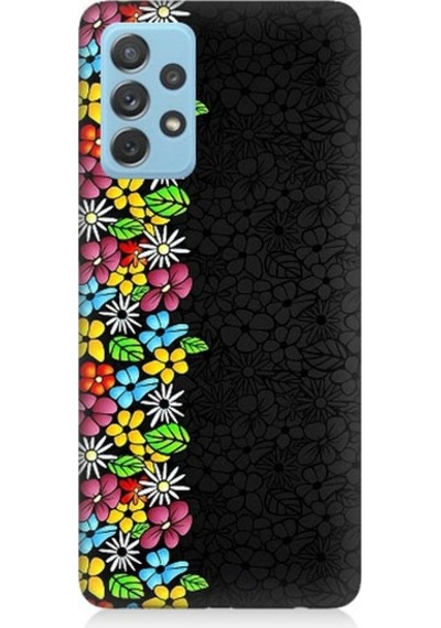 Samsung Galaxy A52 Uyumlu Parlak Çiçekler Ve Siyah Motif Desenli Silikon Kılıf