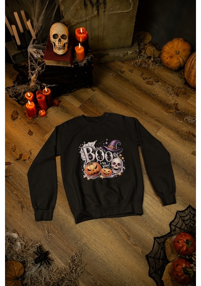 Magors Stıl-x Happy Halloween - Cadılar Bayramı Baskılı Unısex Çocuk Sweatshırt Siyah
