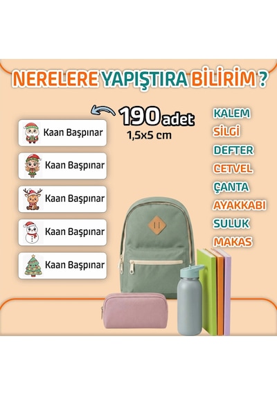 Kapbirhediye Okul Etiketi Isme Özel Kalem Defter Etiketi Yılbaşı Temalı 190 Adet Çok Renkli
