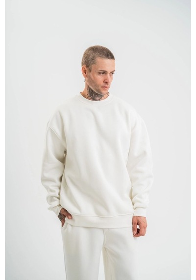 Erkek Uzun Kol Bisiklet Yaka 3 İplik Pamuklu Kışlık Sweatshirt - Beyaz