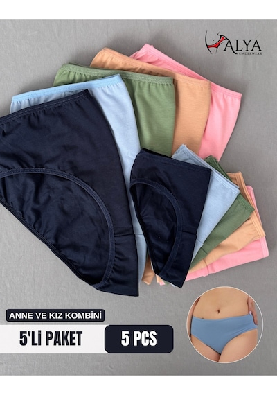 Alya Underwear Anne Kız Kombin Pamuklu Külot - Beyaz Slip İç Çamaşırı - 5'li Paket Çok Renkli-p14