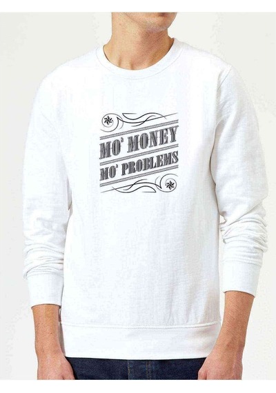 No Money No Problem Baskılı Beyaz Erkek Örme Sweatshirt