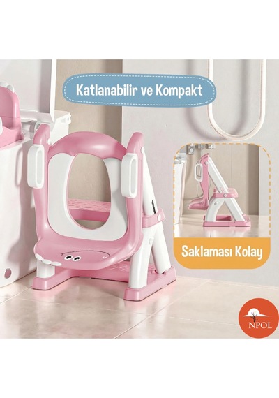 Latrina Pro Basamaklı Çocuk Tuvalet Eğitim Seti - Katlanabilir Klozet Küçültücü - Pembe