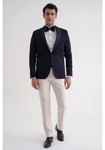 Black 035 Slim Fit Saten Yaka Çift Yırtmaçlı Tek Düğmeli Lacivert Damatlık Smokin Ceket Lacivert