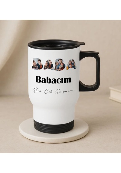 Bk Gift Kişiye Özel Fotoğraflı Babalar Günü Tasarımlı Kulplu Beyaz Çelik Bardak Termos Mug 450ml-3, Babalar Günü Hediye, Babaya Hediye