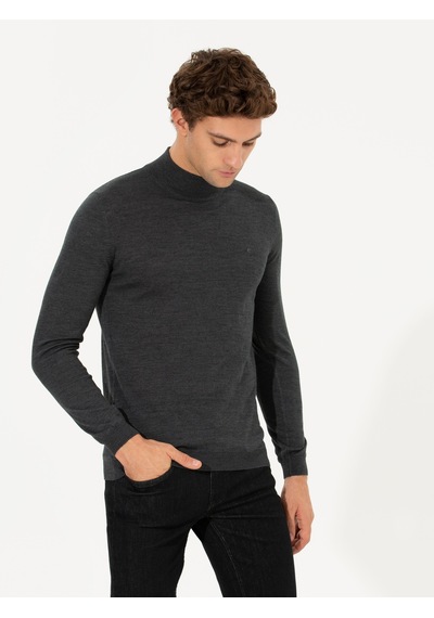 Cacharel Antrasit Melanj Slim Fit Yarım Balıkçı Basic Triko Kazak Gri