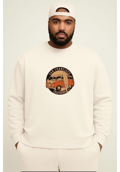 Benroma 3 İplik Penye Wos Wos Baskılı Büyük Beden Unisex Sweatshırt Beyaz