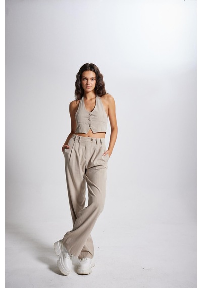 Holly Lolly Boyun Bağlamalı Crop Striped Yelek Bej