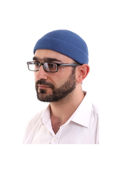 Kışlık Kadife Takke Katlamalı Düz Desen - Mavi