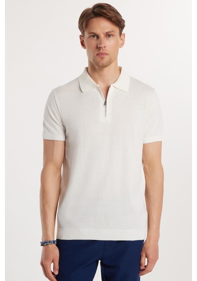 Tudors Erkek Slim Fit Dar Kesim Pamuklu Örme Triko Fermuarlı Beyaz Polo Yaka Tişört-33177 Beyaz