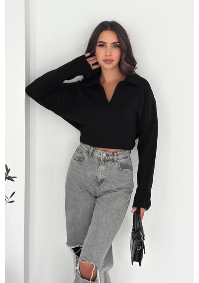 Femelle Siyah Kadın Polo Yaka Oversize Triko Kazak - Standart Beden Yumuşak Dokulu - 8551