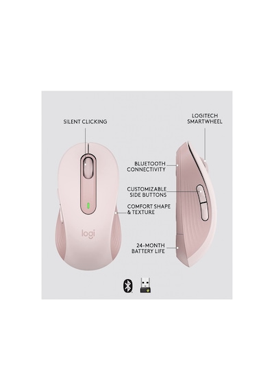 Logıtech 910-006254, M650 Signature, Rose, Sağ El, Usb Nano 2,4g Kablosuz, 4000dpi, Optik, 5 Tuşlu, 24ay Pil Ömrü, Sessiz Mouse