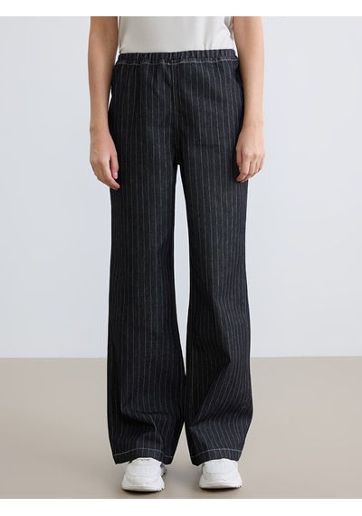 Lcw Eco Siyah Beli Lastikli Çizgili Wideleg Kadın Jean Pantolon