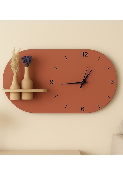Modern Tasarım Raflı Nera Duvar Saati 60x35 Turuncu