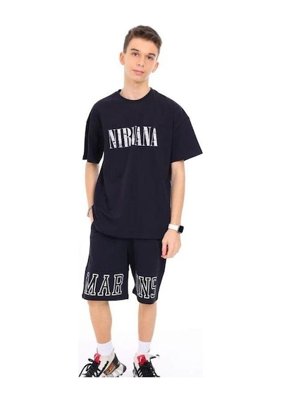 Marions Erkek Çocuk Pamuklu Nirvana Yazılı Sırtı Baskılı Renkli T-shirt-13732-siyah Siyah