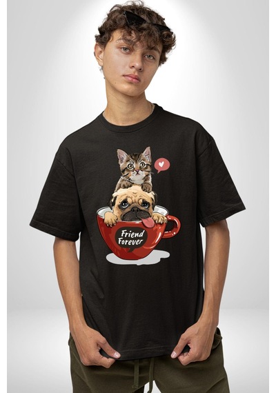 Kedi Ve Köpek Sonsuzadek Arkadaşız Pamuklu Bisiklet Yaka Unisex Oversize Boyfriend Dijital Baskılı Siyah T-shirt Siyah
