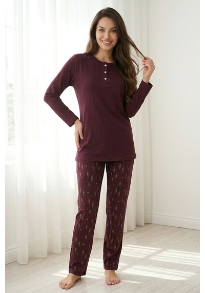 Aura Collections Kadın Pamuklu Uzun Kollu Üç Düğmeli Biyeli Soft Örme Pijama Takımı Bordo