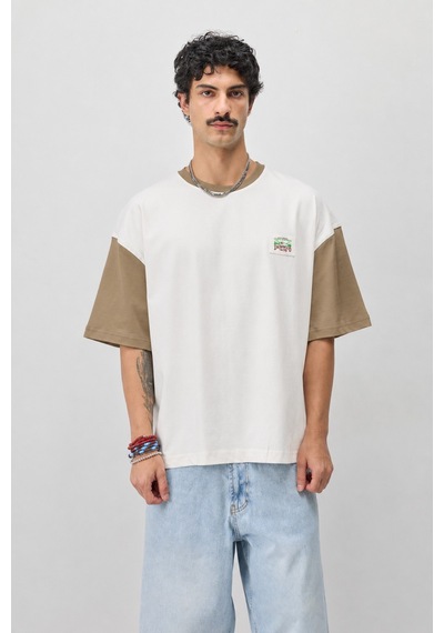 Vamos Oversize Baskılı Tişört V70-208 Vizon