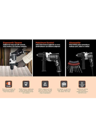 Black+Decker Silver Series BEH71A40SK-QS 710 W Darbeli Matkap + Kitbox