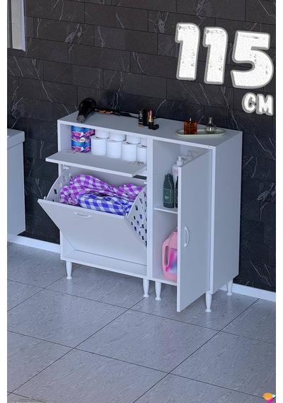 Luna 115 Cm Modüler Çamaşır Sepetli Banyo Dolabı Ve Mutfak Kiler Dolabı Beyaz 65+50 X97x32 Cm Luna 115 Cm Modüler Çamaşır Sepetli Banyo Dolabı Ve Mutfak Kiler Dolabı Beyaz 65+50 X97x32 Cm