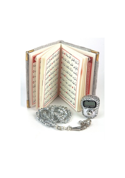Taşlı Zikirmatik - Mini Kadife Yasin - İnci Tesbihli Hediyelik Set - Gri Renk