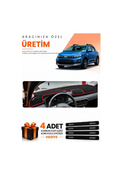 Dacıa Sandero 2022-2026 Ekransız Uyumlu Torpido Koruma Örtüsü Oto Kılıfı - Siyah Kırmızı